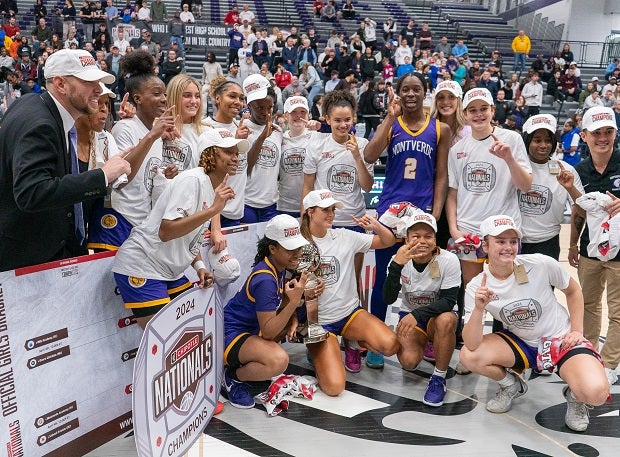 No. 9 Montverde Academy players and coaches celebrate their Chipotle Nationals title on Saturday. The Eagles, who beat No. 5 IMG Academy 61-53, have won three straight event titles dating back to when it was the GEICO Nationals. (Photo: Julie Brown)